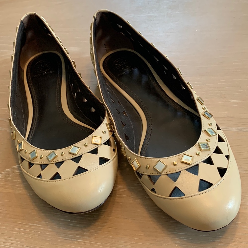 Tory Burch flats, good condition, wear on soles, mirror embellished